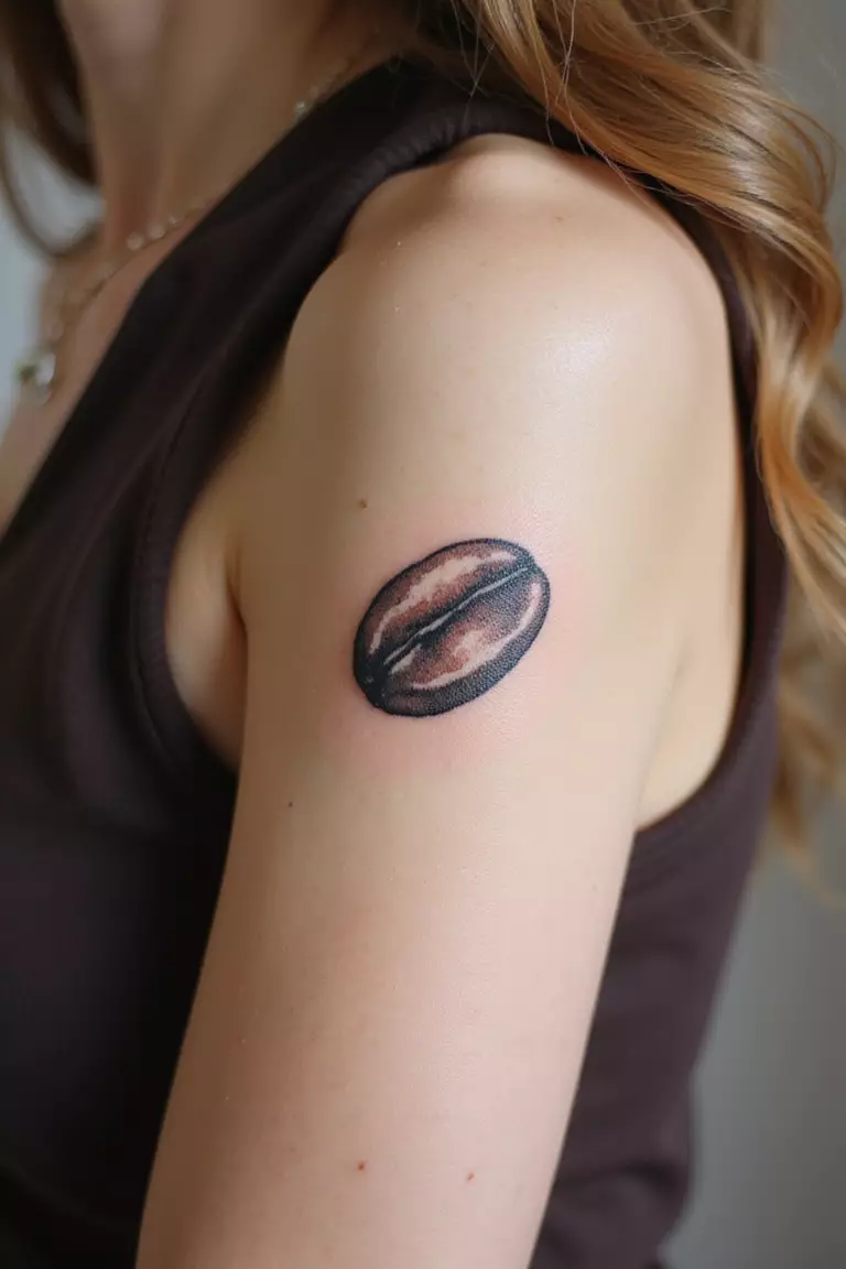 A close up shot of woman's arm with a black ink tattoo of a single coffee bean outline.