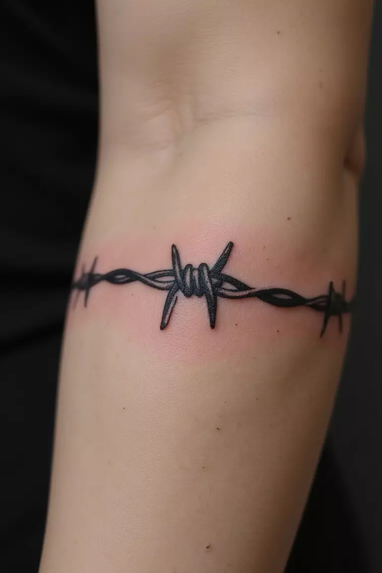 A close up shot of woman's arm with a black ink tattoo of barbed wire.