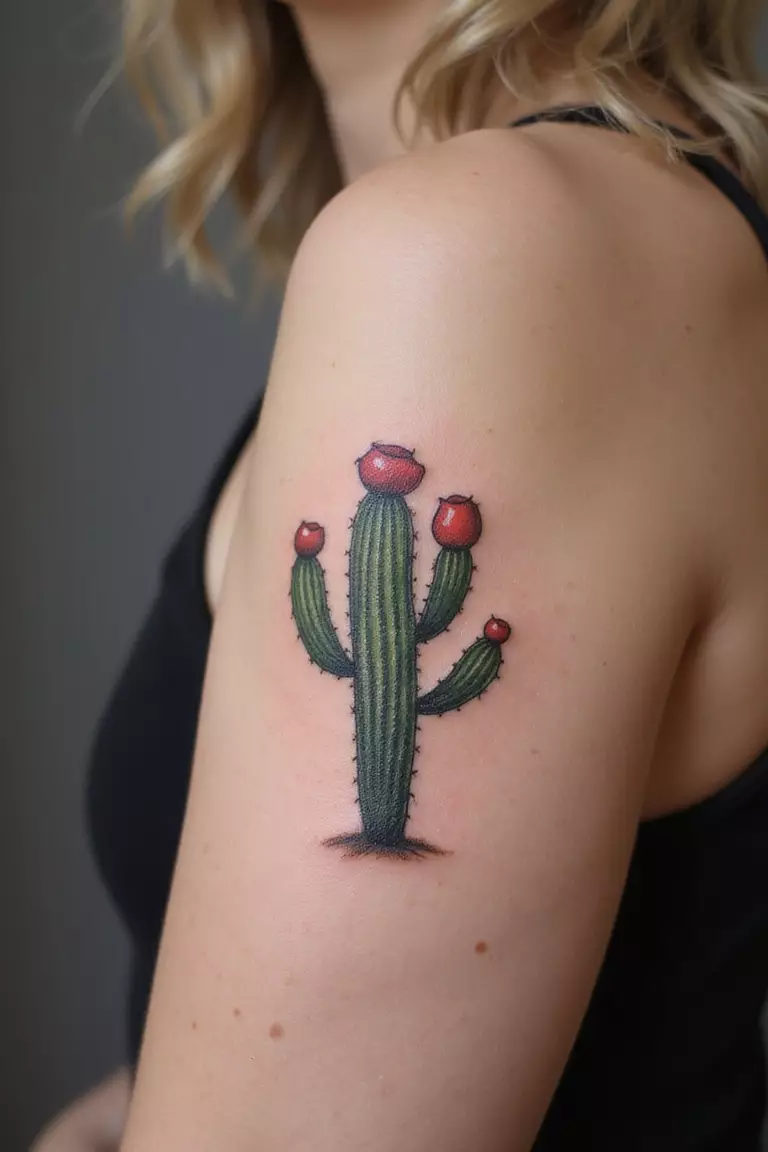 A close-up shot of a woman's arm with a black ink tattoo of a Prickly Pear cactus (Nopal) with fruit.