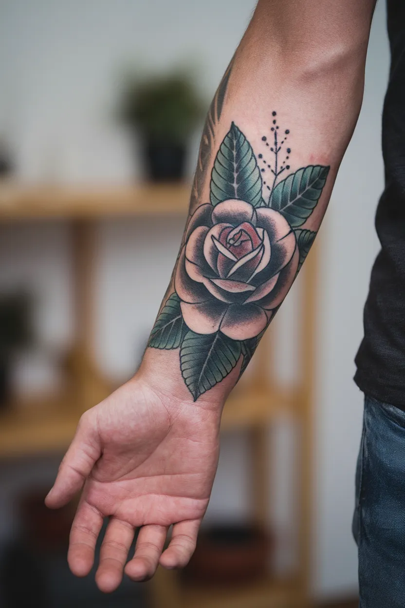 Black and Gray/neo-Traditional Inspired Rose Hand Tattoo With Color