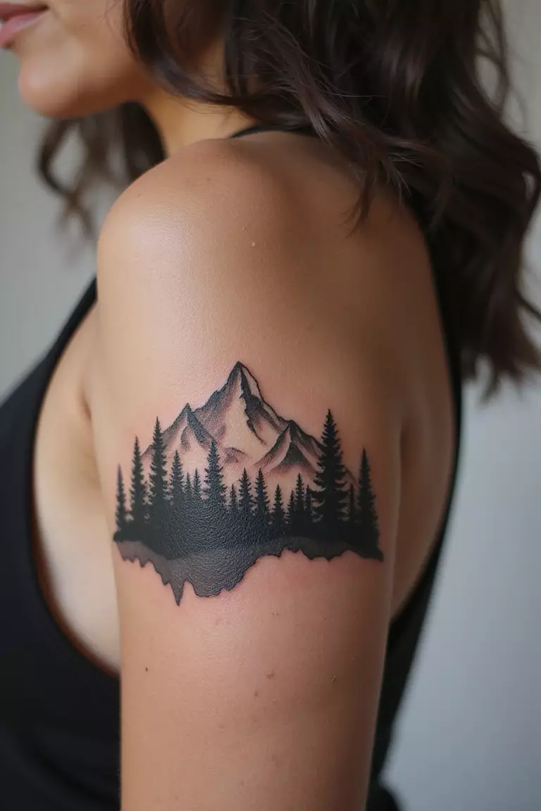 A close-up shot of a woman showing her black ink mountain range silhouette tattoo design on her arm
