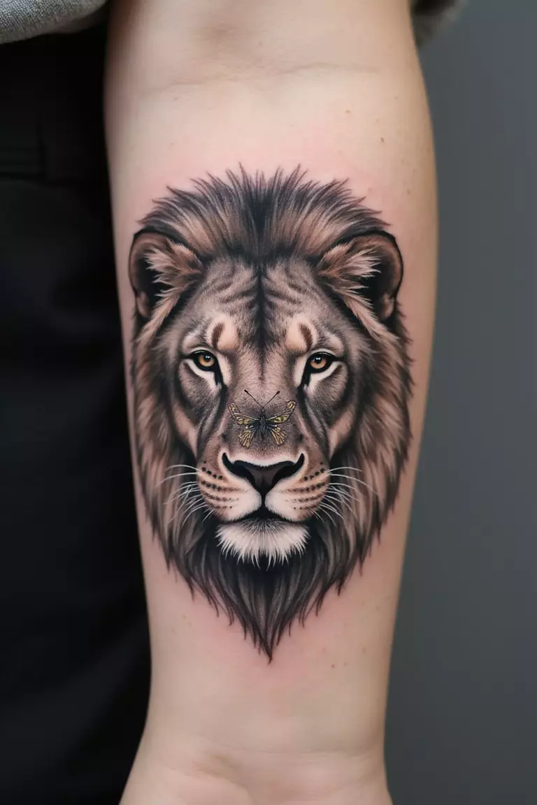 A close-up shot of a woman's arm with a black ink tattoo of a lion's face with a delicate butterfly perched on its nose or mane.