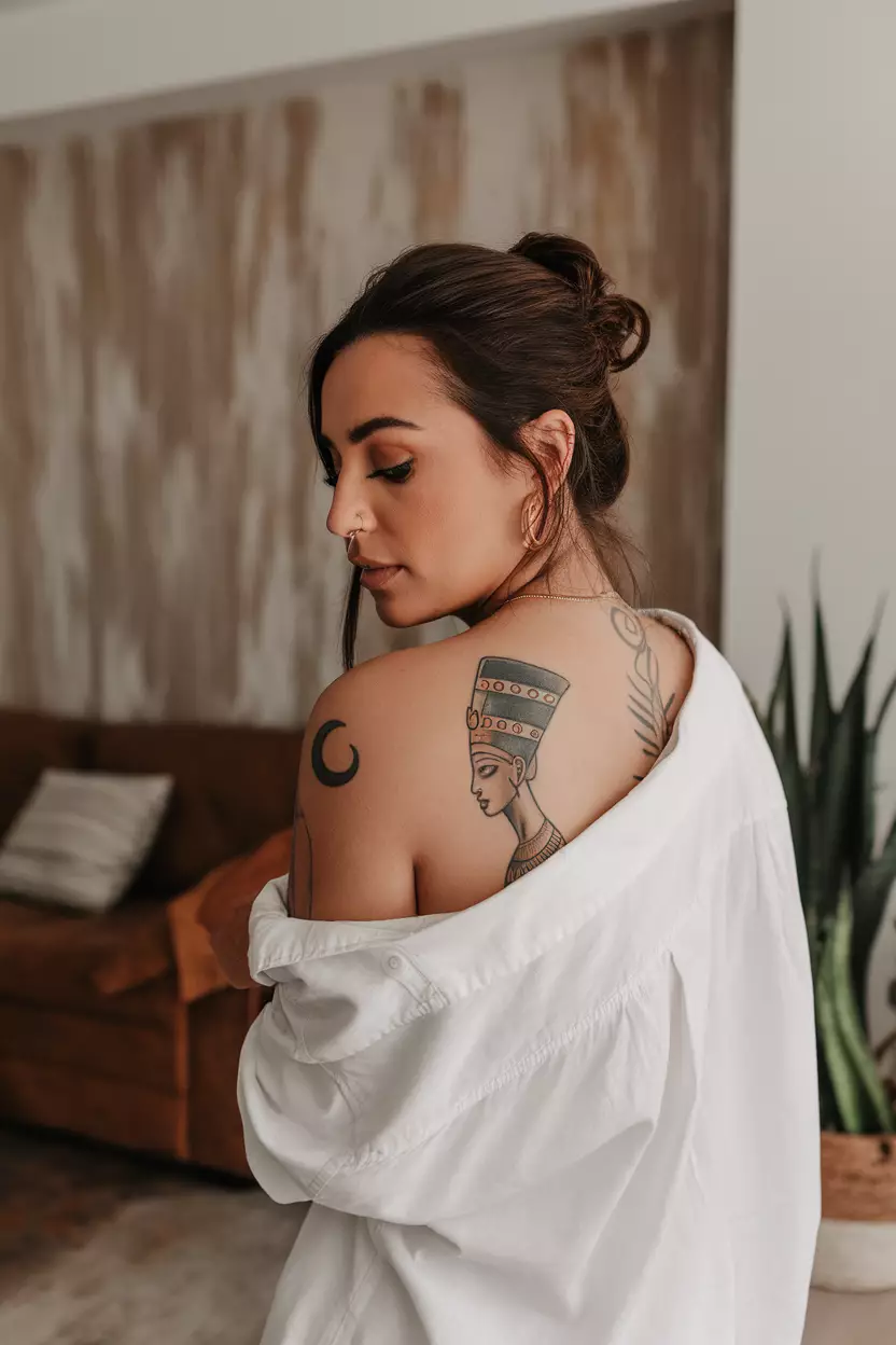 Nefertiti and Crescent Moon Tattoo A photo of a woman with a Nefertiti and crescent moon tattoo, living room background