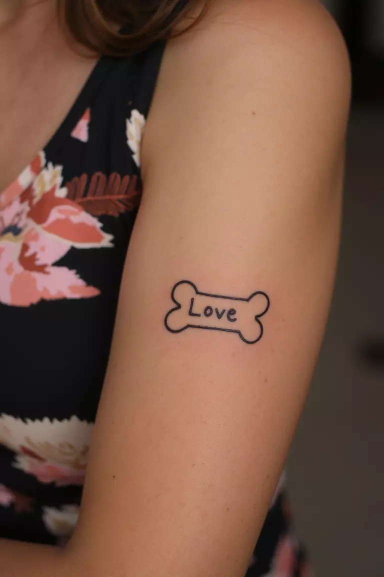 A close up shot of a woman showing her black ink dog bone with the word 