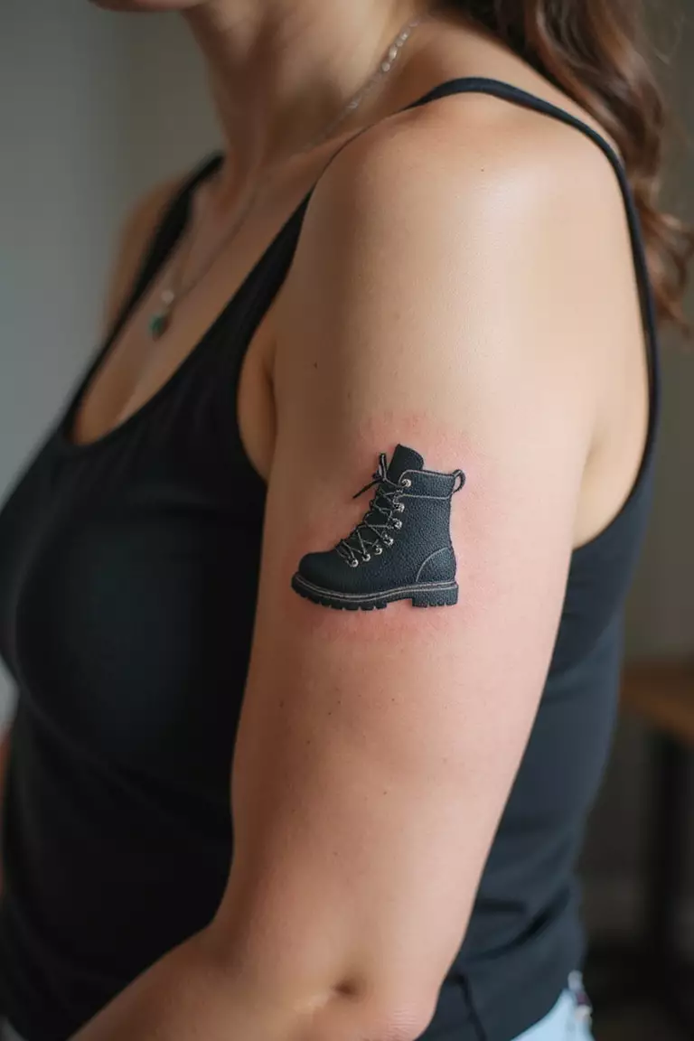 Hiking Boot Print A close-up shot of a woman showing her black ink hiking boot print tattoo on her arm.