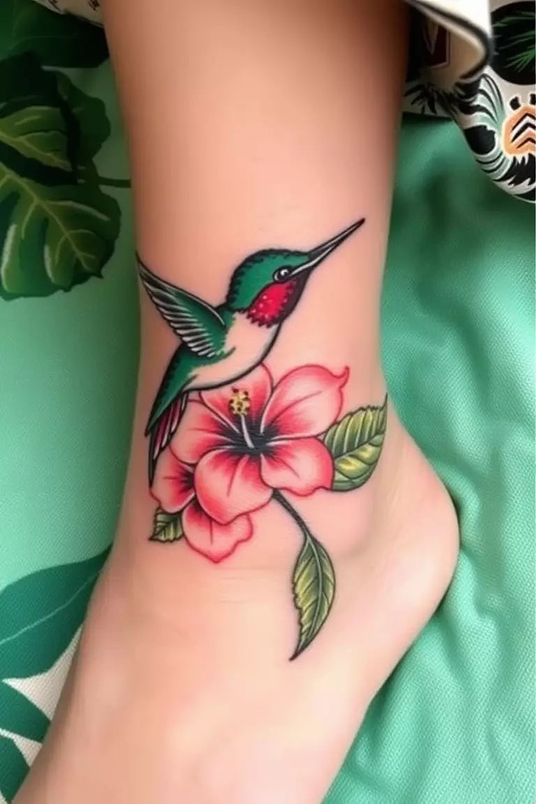 Hummingbird and Hibiscus Tattoo on Ankle A photo of a woman with a hummingbird and hibiscus tattoo on her ankle, highlighted with tropical themes