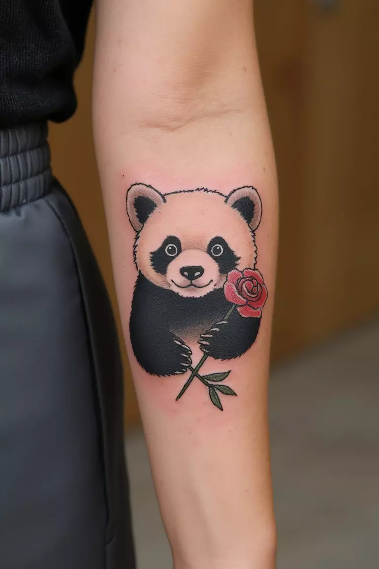 A close up shot of woman's arm with a fineline panda holding a flower tattoo.  