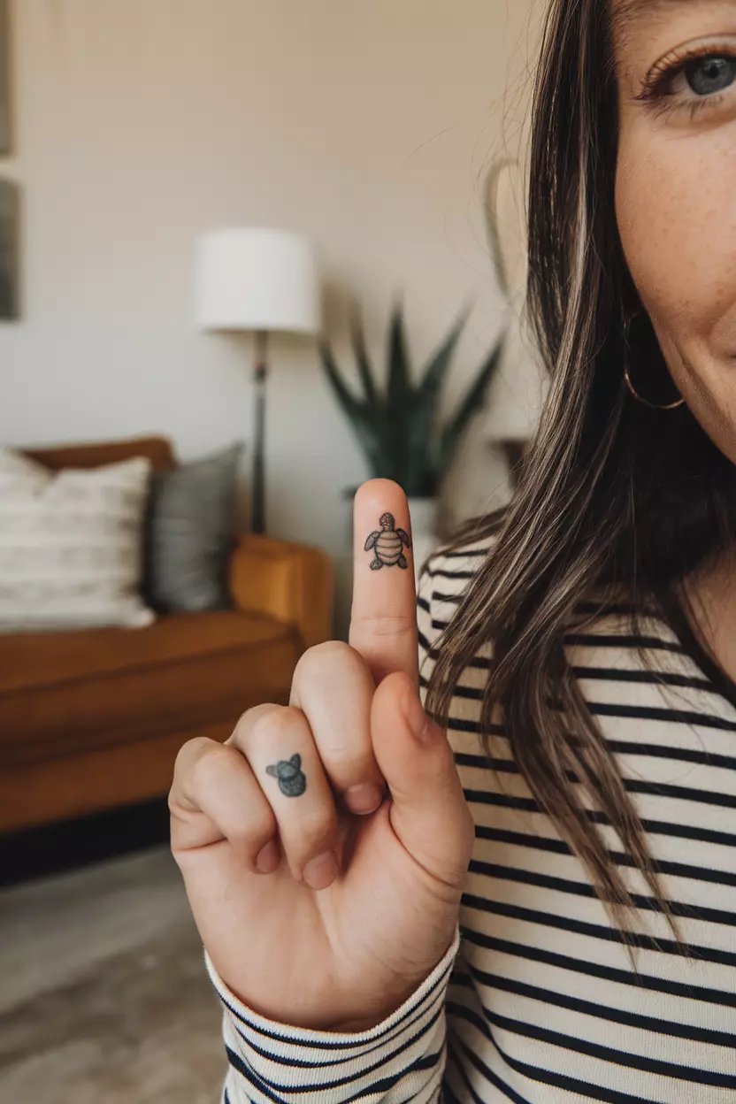 A close-up photo of a woman showing her tiny turtle tattoo on her finger, featuring delicate lines and subtle shading for an understated yet charming look, living room background.