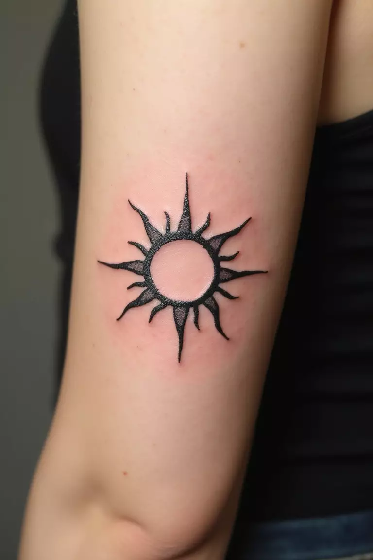 A close up shot of woman's arm with a black ink tattoo of a simple sun outline with rays.