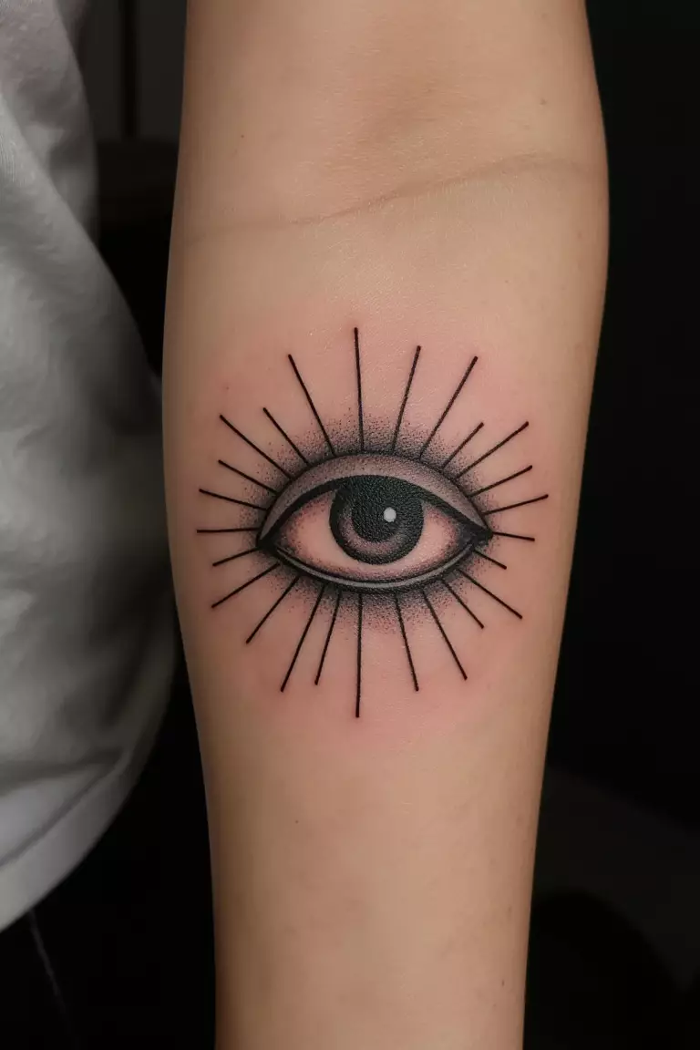 A close up shot of woman's arm with a black ink tattoo of an eye with rays radiating outward.
