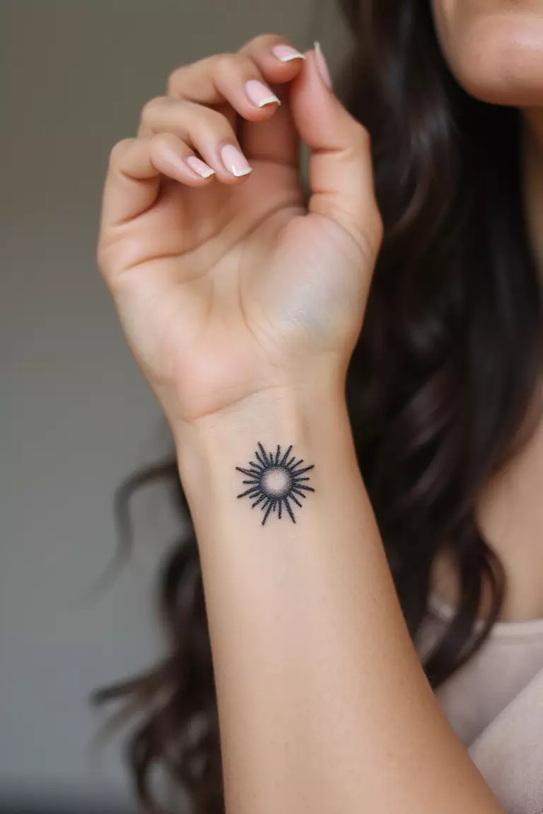A close-up shot of a woman showing her tiny black ink minimalist sun tattoo design on her wrist