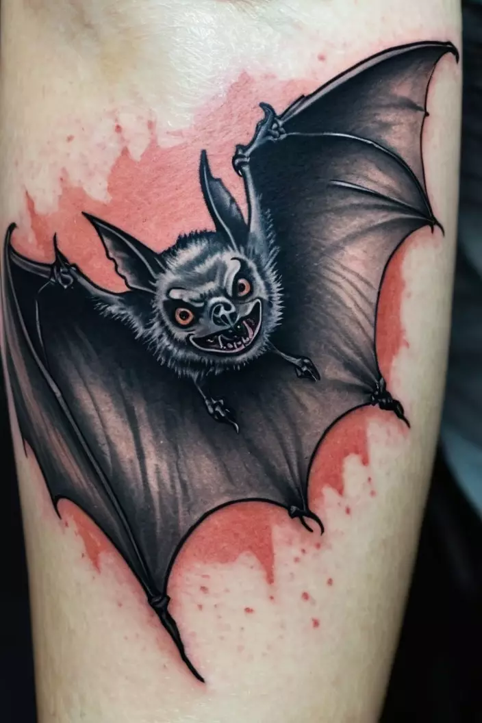A close-up photo of a woman showing her scary black and gray bat tattoo, featuring dramatic elements.  