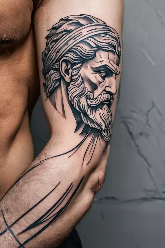 A close-up photo of a man showing his contemplative Zeus line art tattoo on men s arm, emphasizing minimalistic lines and thoughtful expression.  