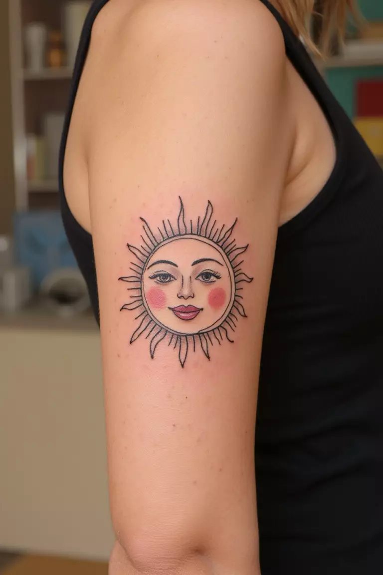 A close up shot of woman's arm with a black ink tattoo of a cheerful sun design, bringing sunshine wherever she goes.