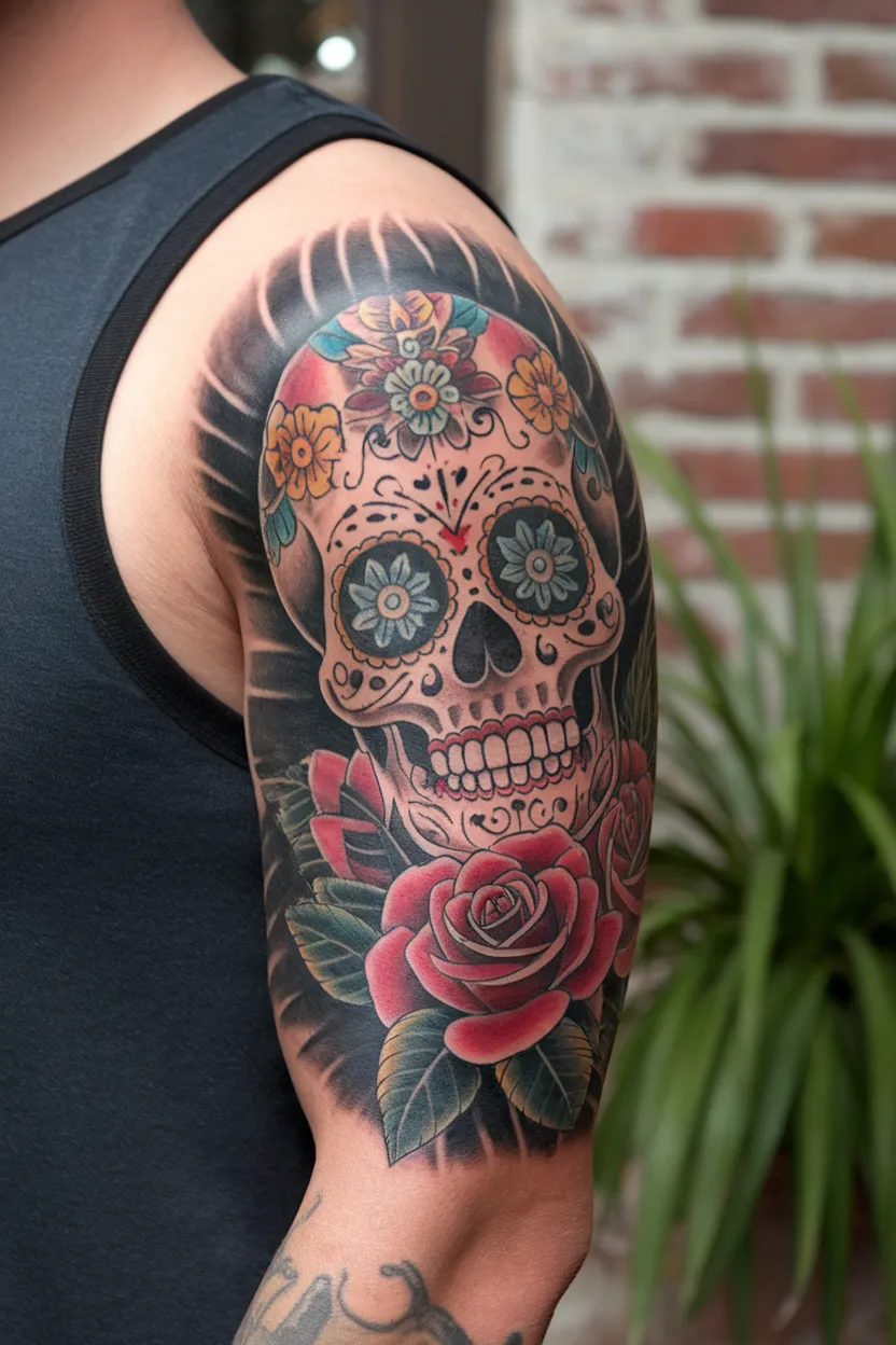 Sugar Skull With Traditional Mexican Symbols