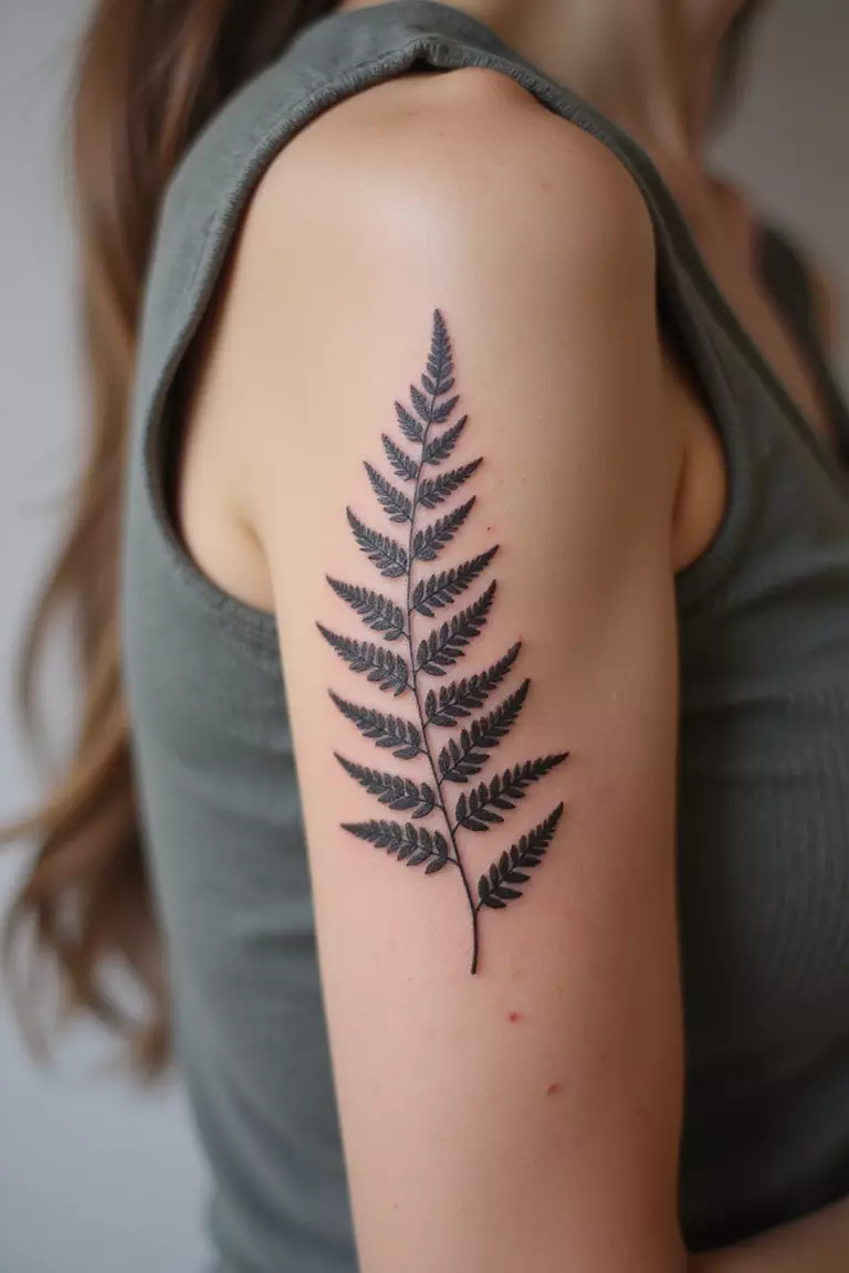 Fern Leaf A close-up shot of a woman's arm with a black ink tattoo of a delicate fern leaf with fine details.