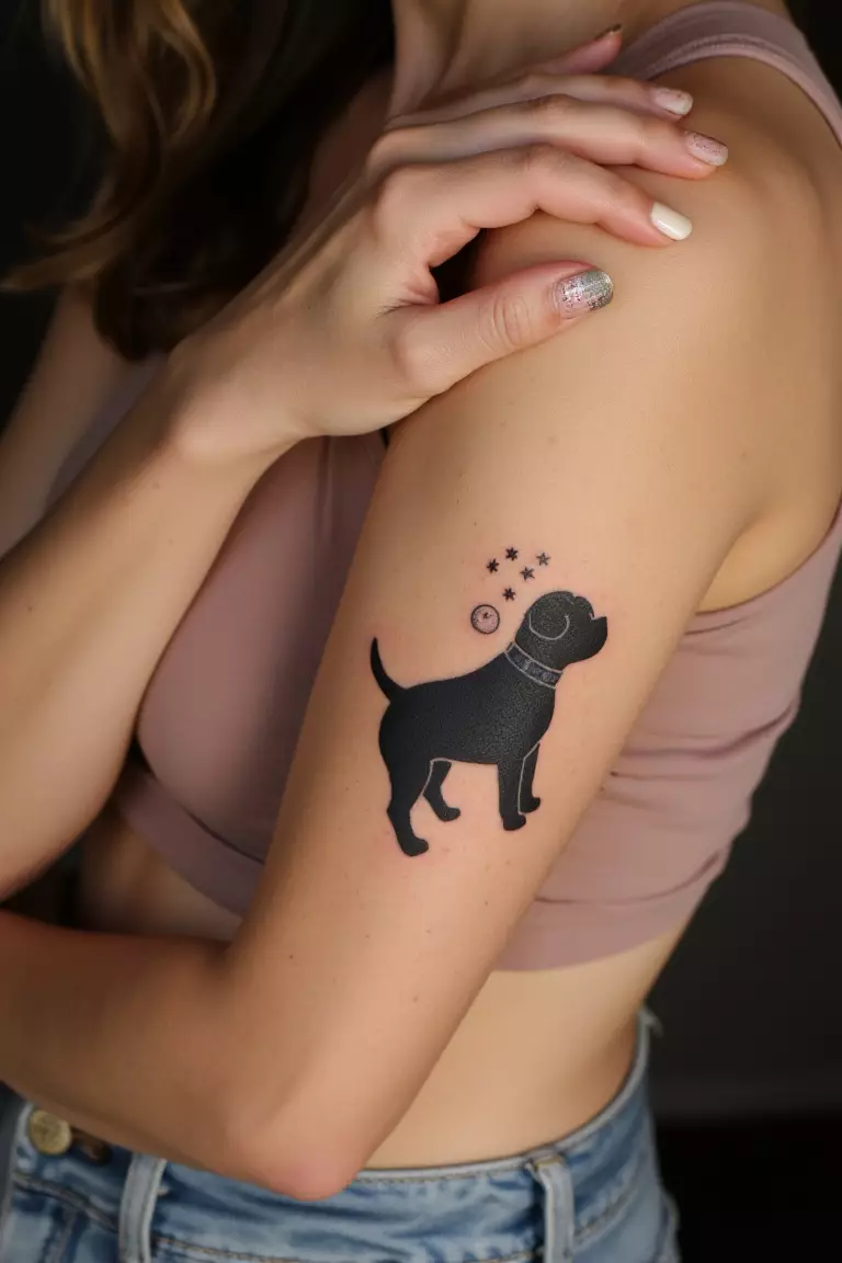 A close up shot of a woman showing her black ink dog silhouette with a small moon and stars tattoo on her arm  