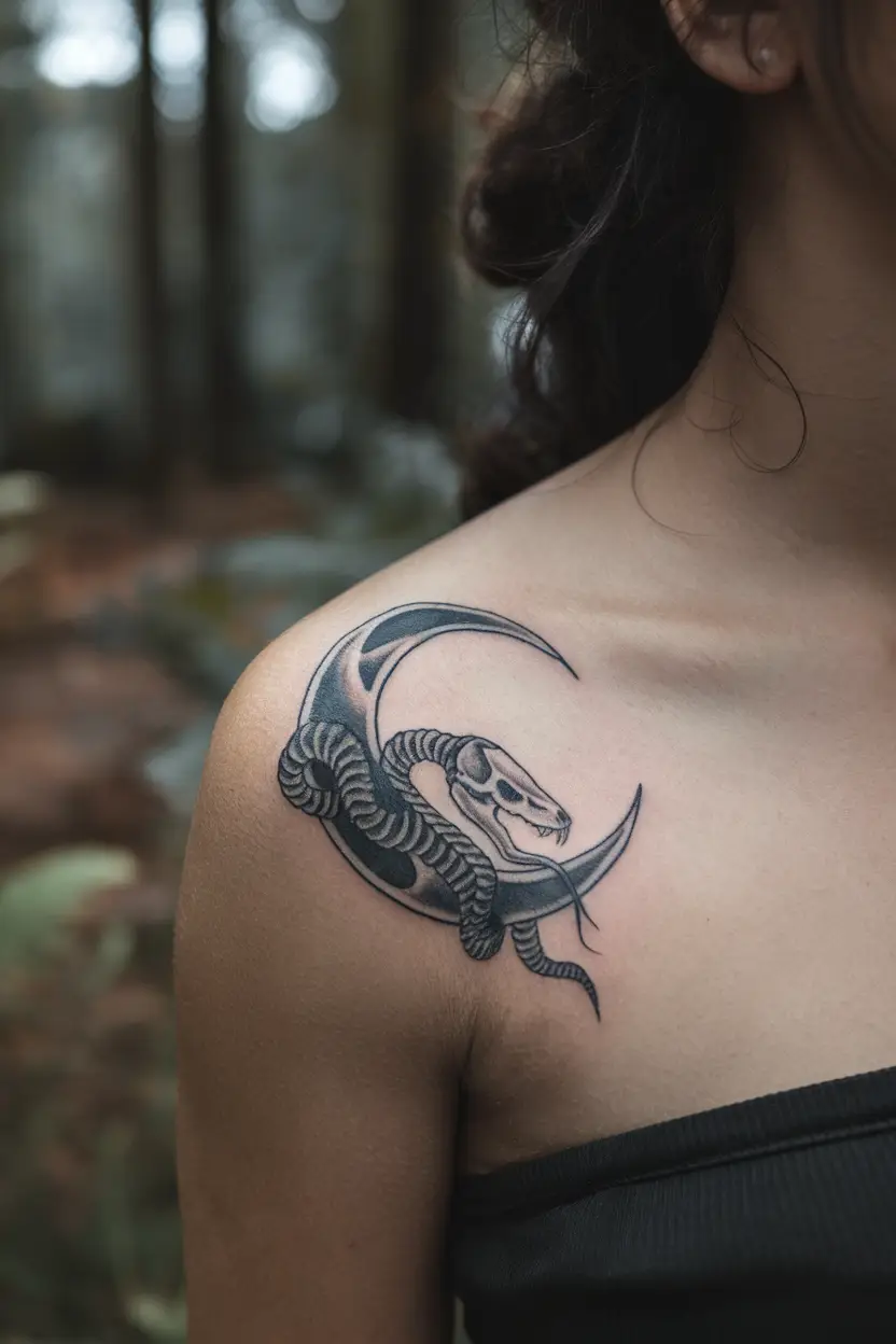 Crescent Moon With Snake Skeleton