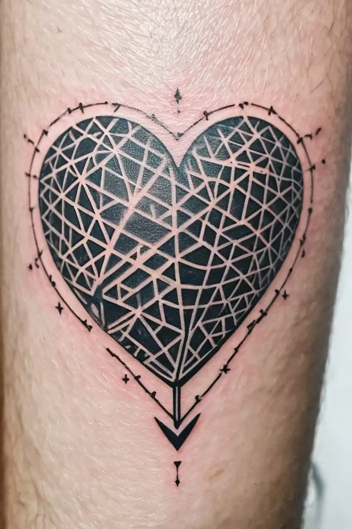 A close-up photo of a man showing his map geometric heart tattoo, featuring a heart shape filled with a detailed geometric map pattern.  