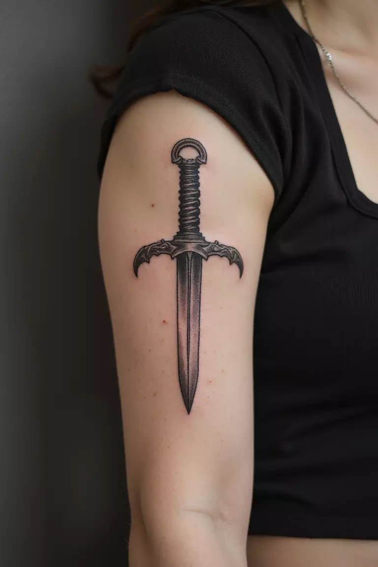 A close up shot of woman's arm with a black ink tattoo of a dagger.