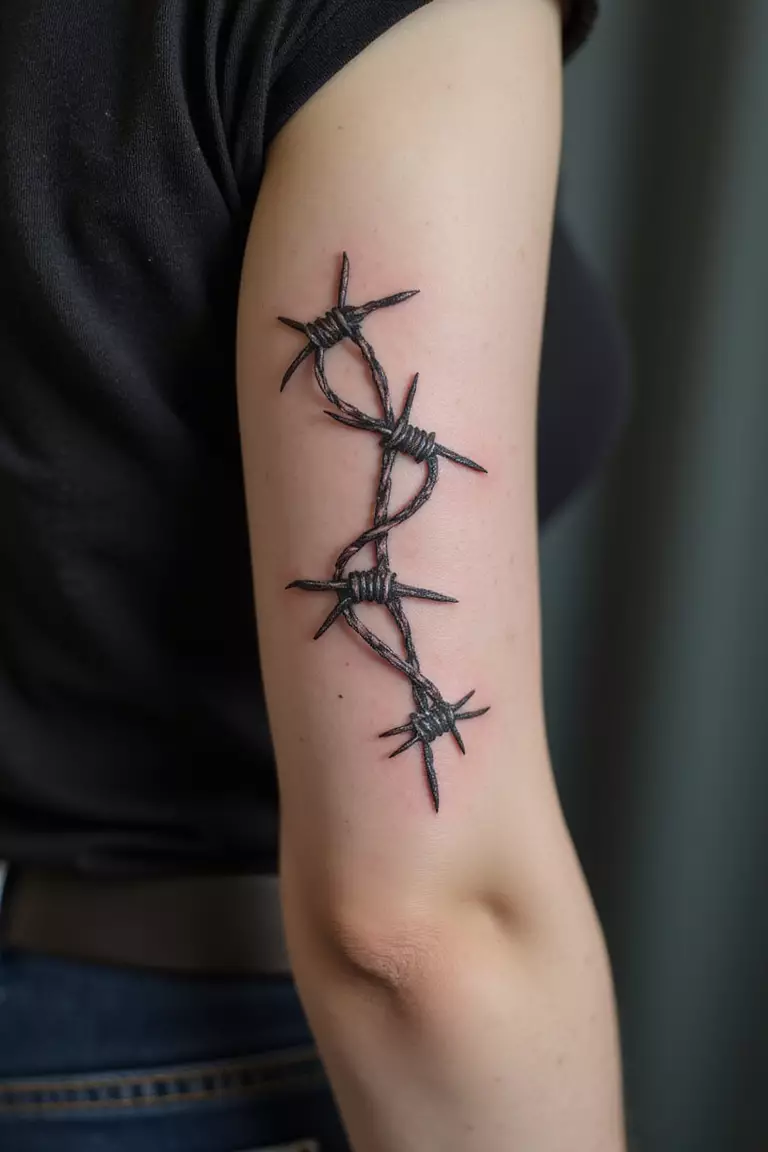 A close-up shot of a woman's arm with a black ink tattoo of barbed wire.