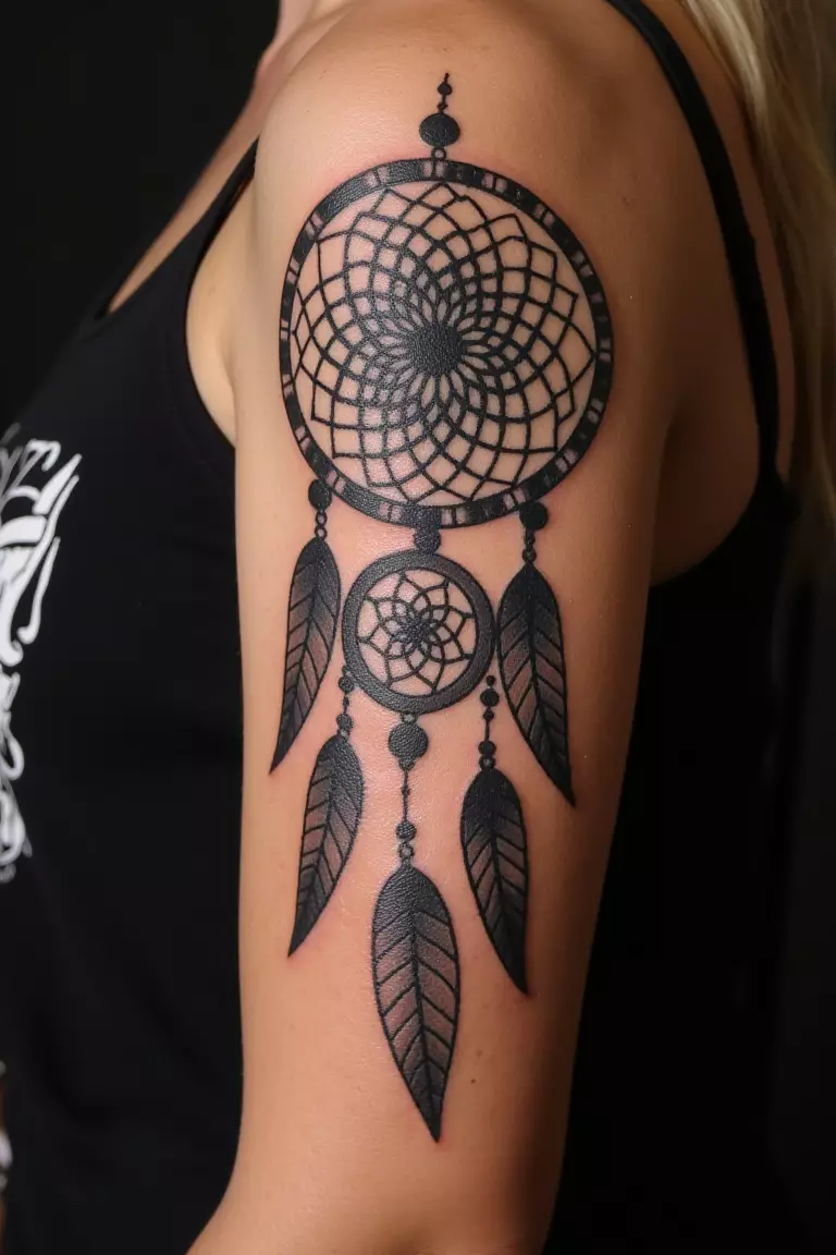 A close up shot of woman's arm with a black ink mandala dreamcatcher tattoo.  