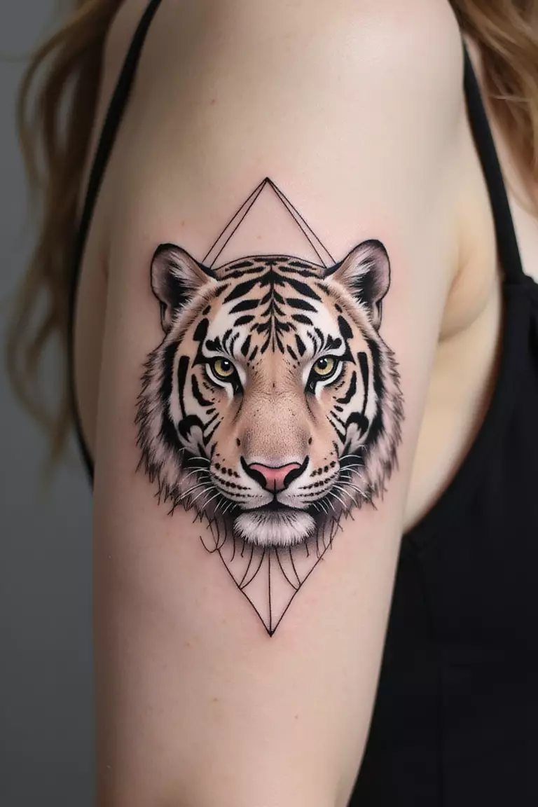 Geometric Tiger Design A close-up shot of a woman's arm with a black ink tattoo of a tiger composed of clean lines and geometric shapes like triangles and polygons.