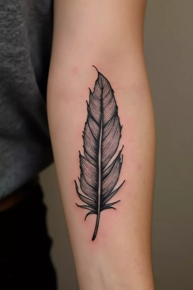 A close up shot of woman's arm with a black ink abstract feather tattoo, stylized with unusual patterns and shapes