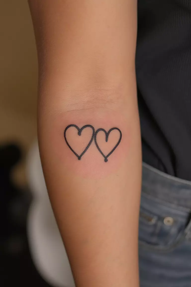 A close up shot of woman's arm with a black ink double heart tattoo