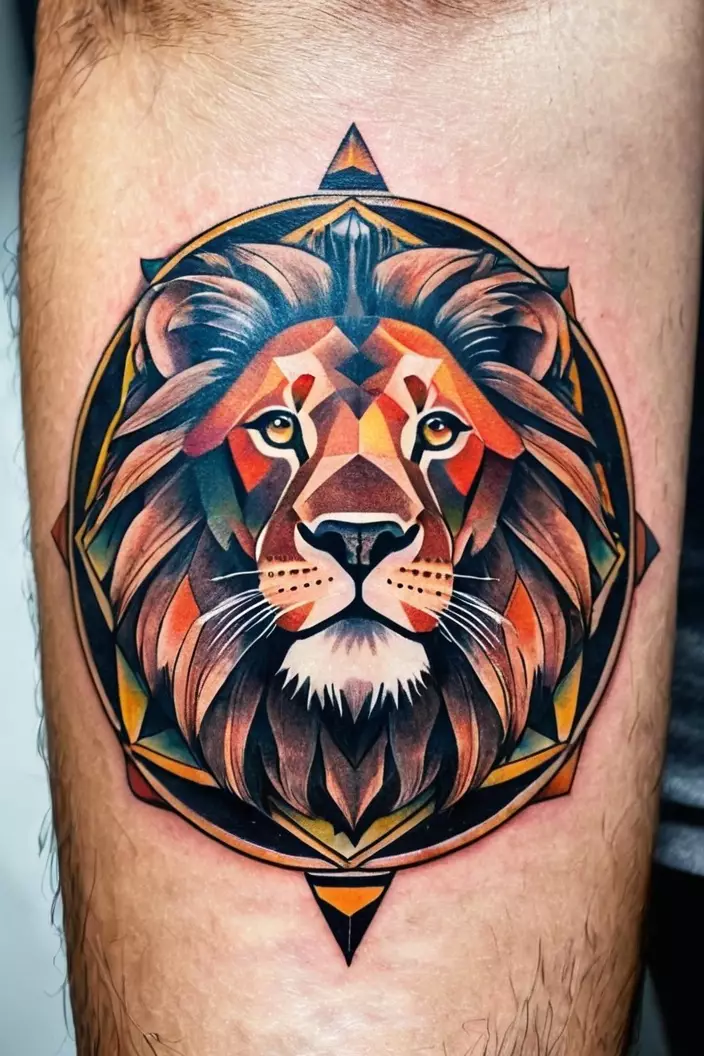 A close-up photo of a man showing his lion with circle geometric tattoo, illustrating a majestic lion encircled by geometric shapes that enhance its power.  