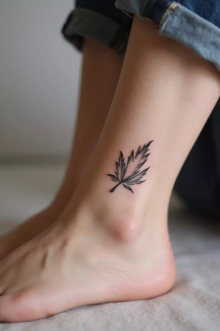 A close-up shot of a woman showing her black ink tiny single leaf outline tattoo design on her ankle bone