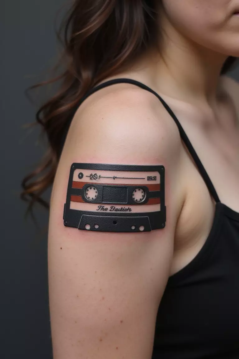 A close-up shot of a woman showing her black ink retro cassette tape tattoo on her arm.