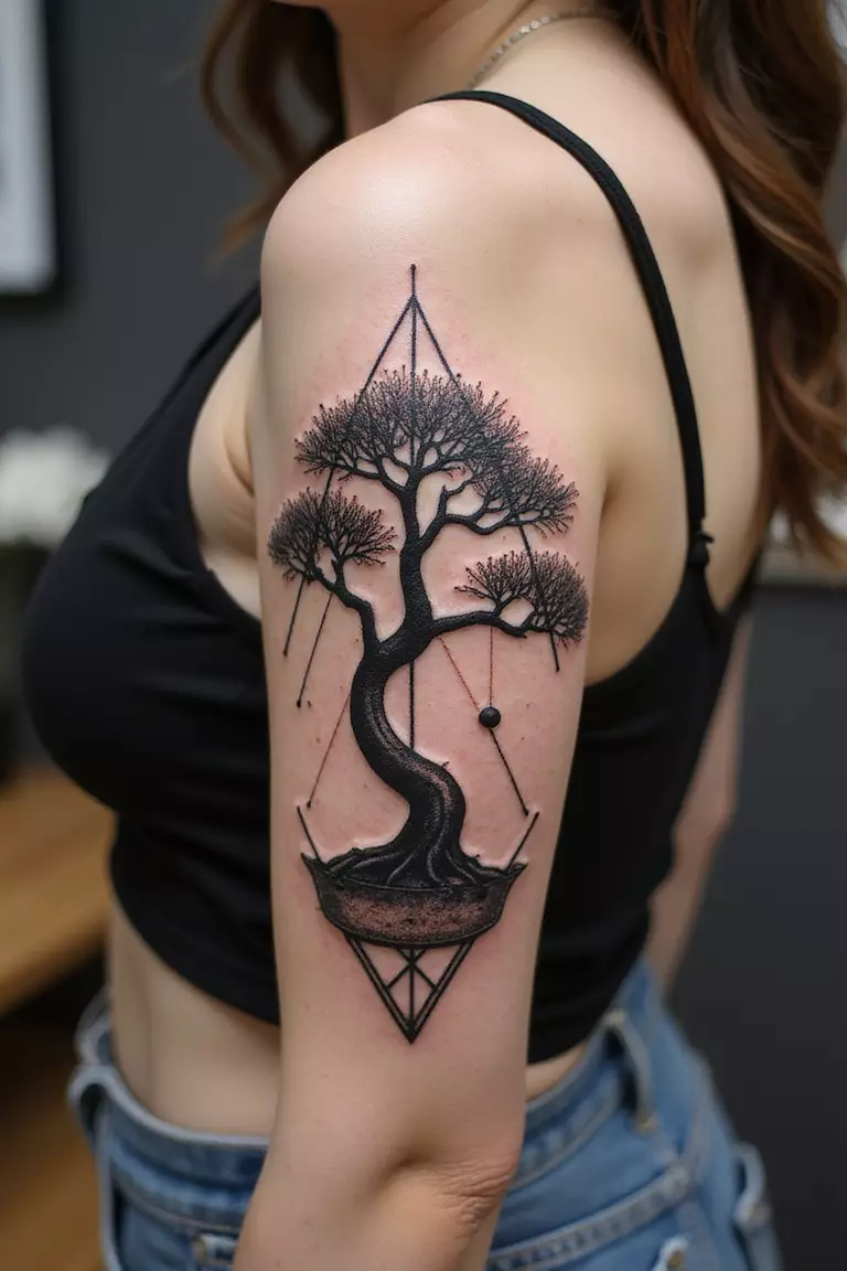A close-up shot of a woman showing her black ink geometric shapes integrated with a bonsai tree tattoo design on her arm