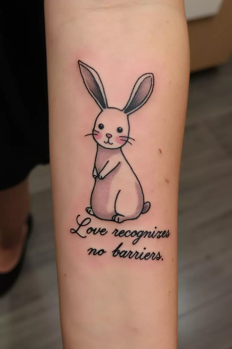 A close up shot of woman's arm with a black ink bunny with a quote "Love recognizes no barriers" tattoo  