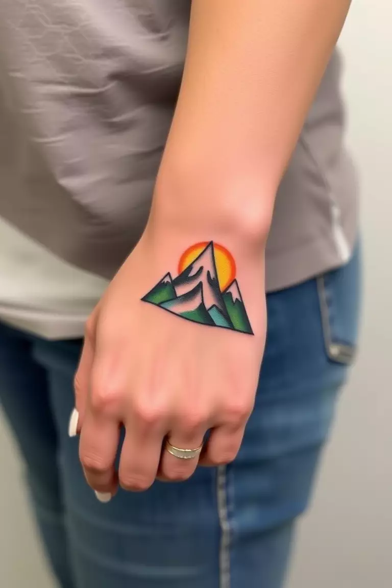 A photo of a woman with a mountain tattoo on her wrist, designed in a colorful and whimsical style.  
