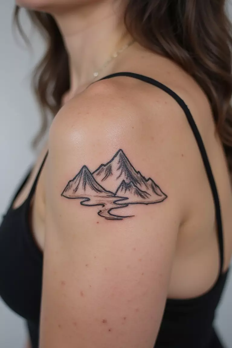 A close-up shot of a woman showing her black ink topographic line outline of a mountain peak tattoo design on her arm