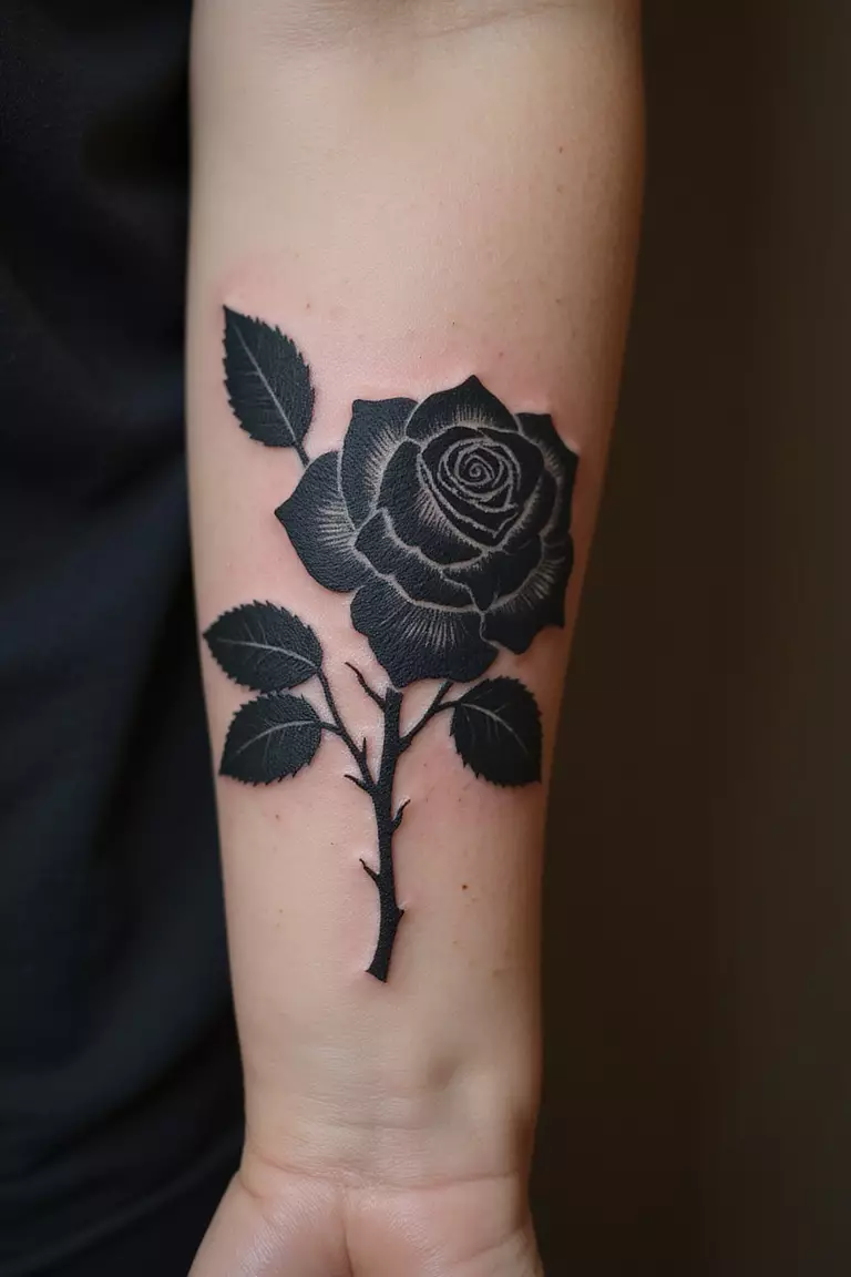 A close up shot of woman's arm with a black ink tattoo of a black rose.