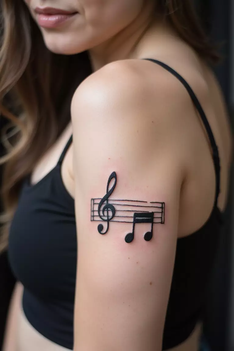 A close-up shot of a woman showing her black ink simple music staff with a few notes tattoo on her arm.