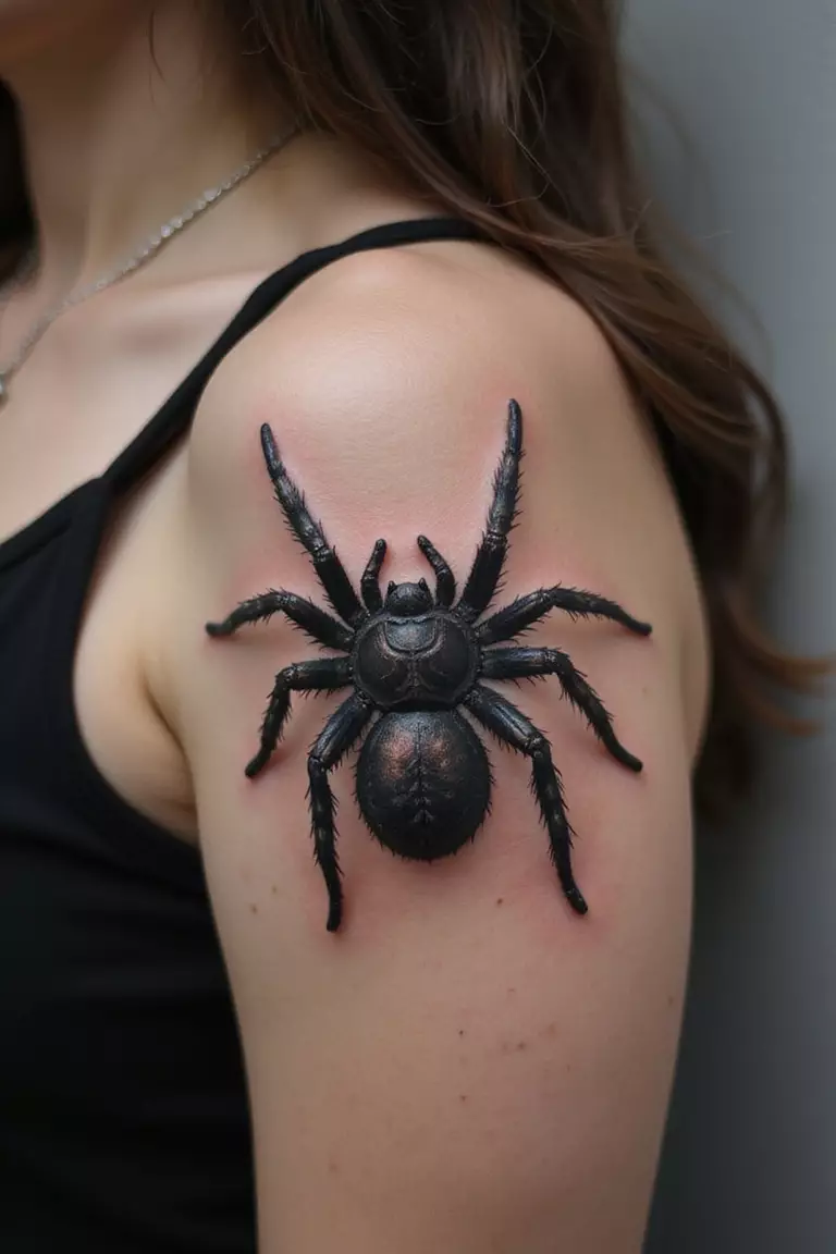 A close-up shot of a woman showing her black ink black and gray realistic tarantula tattoo design on her arm