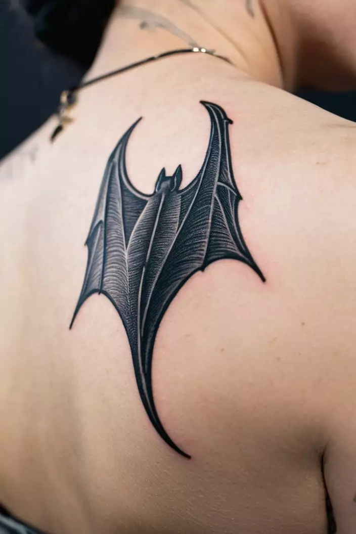 A close-up photo of a woman showing her faceless bat tattoo, designed with minimalist lines, on her upper arm.  