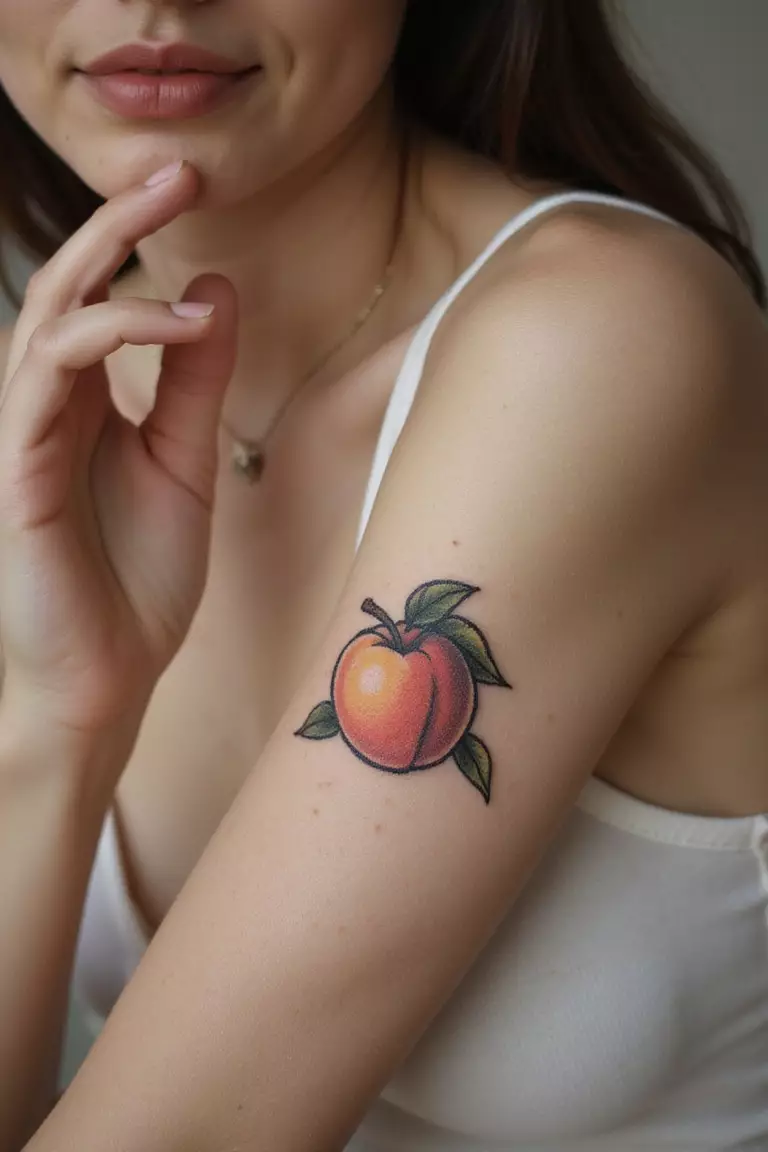 A close-up shot of a woman showing her black ink small peach fruit tattoo on her arm