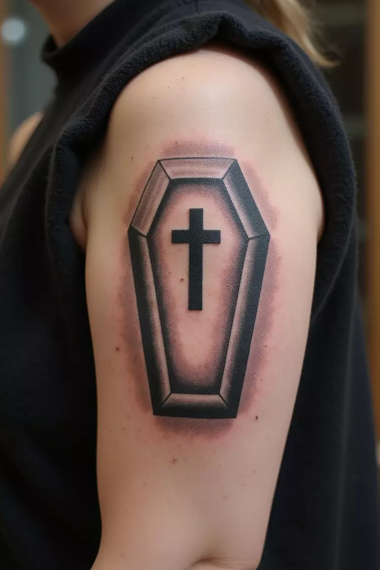A close up shot of woman's arm with a black ink tattoo of a coffin.