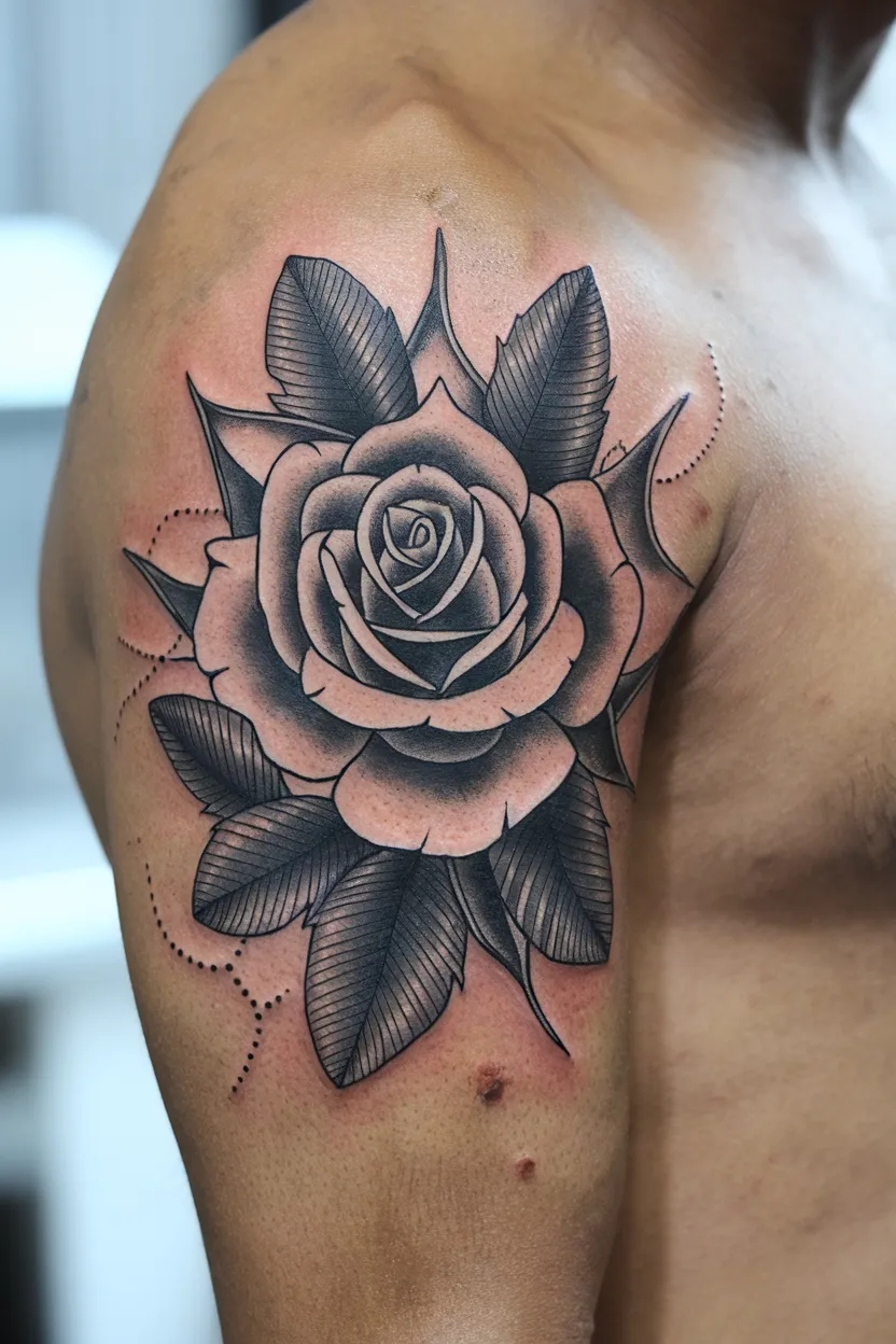 Black and Gray Tattoo of Rose Over Triceps