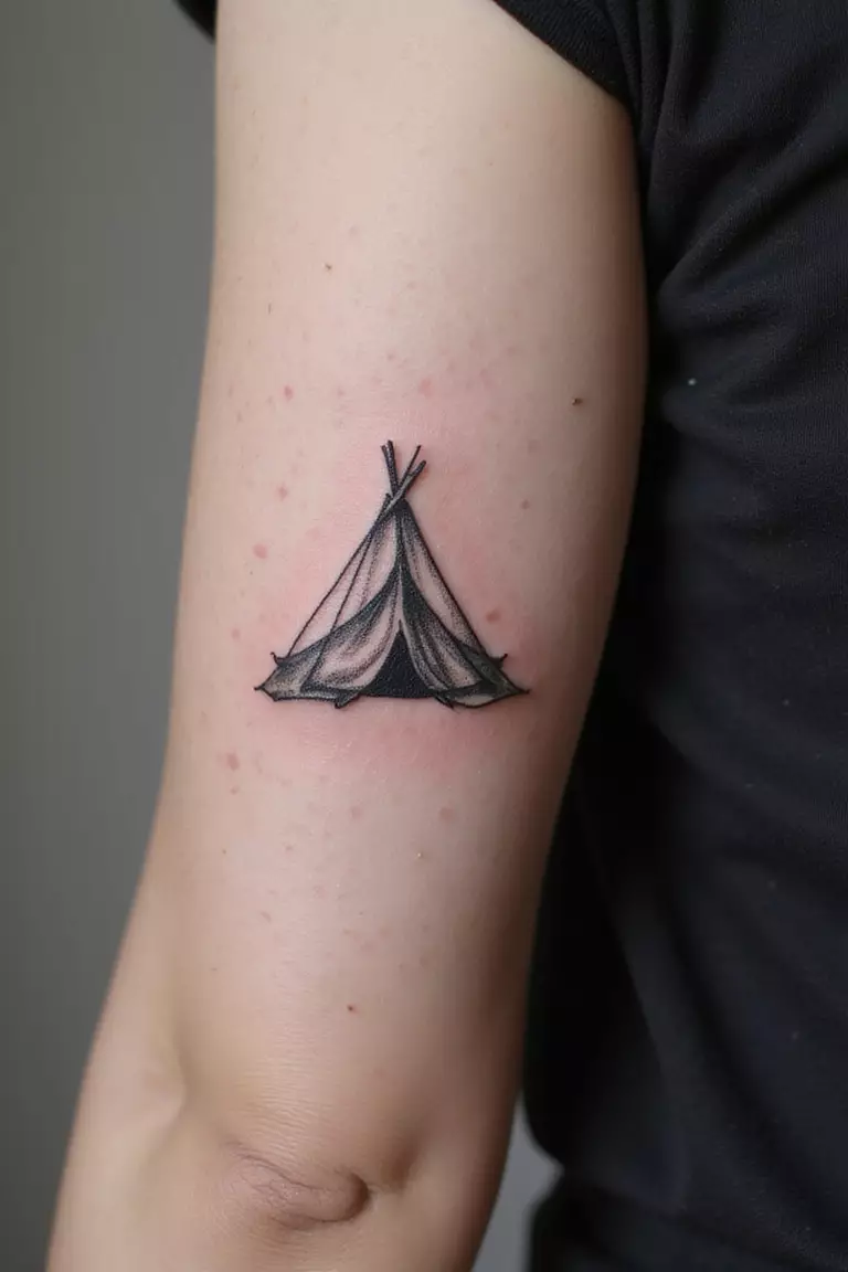 A close-up shot of a woman showing her black ink small A-frame tent tattoo design on her arm
