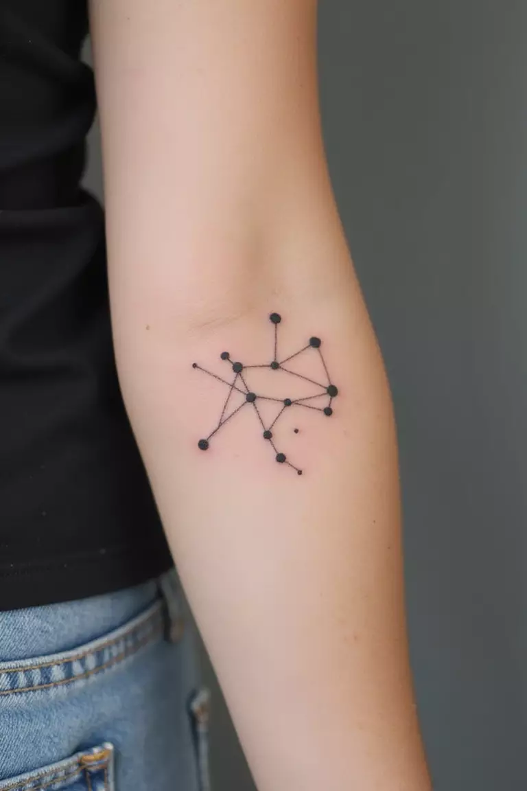 A close up shot of woman's arm with a black ink tattoo of a small constellation using dots and fine lines.