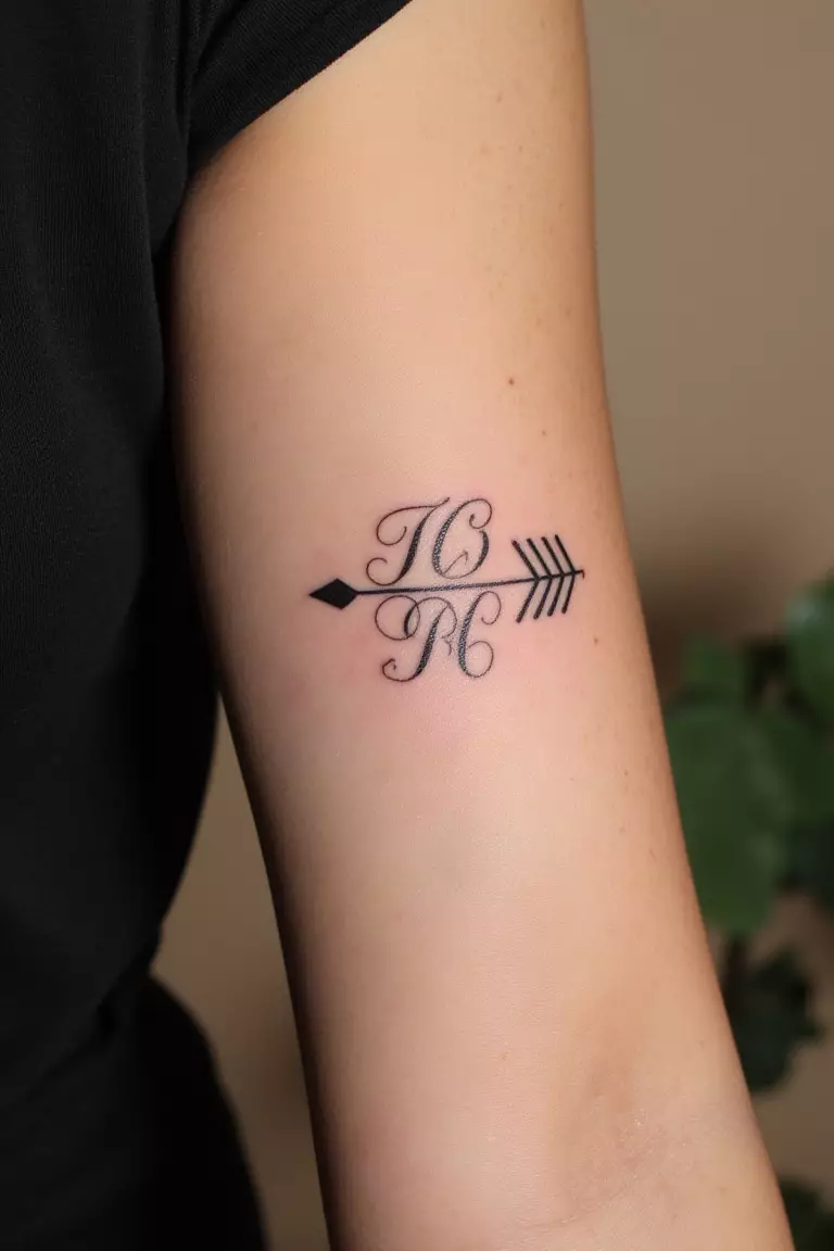 A close up shot of woman's arm with a black ink arrow with initials tattoo, personalized with elegant lettering