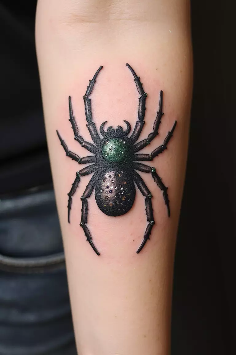 A close-up shot of a woman's arm with a black ink tattoo of a spider whose body is adorned with tiny, sparkling gem-like dots, giving it a bejeweled look.