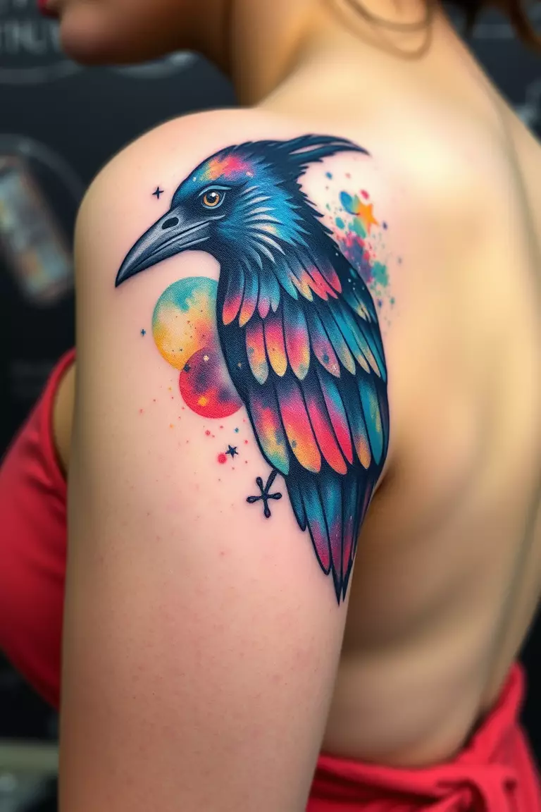A photo of a woman with a vibrant watercolor crow tattoo blending into a galaxy background on her upper arm, showcasing colors and cosmic elements.  