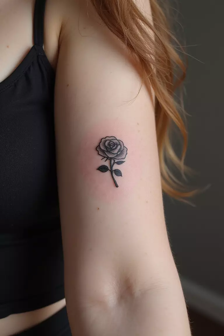 A close-up shot of a woman showing her black ink tiny, simple rose tattoo partially hidden on her inner arm.