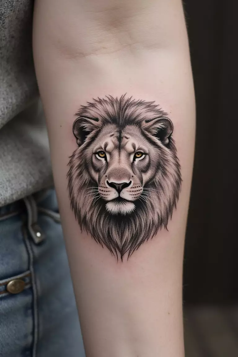 A close-up shot of a woman's arm with a black ink tattoo of a lion drawn in a rough, artistic sketch style with visible pencil-like lines.